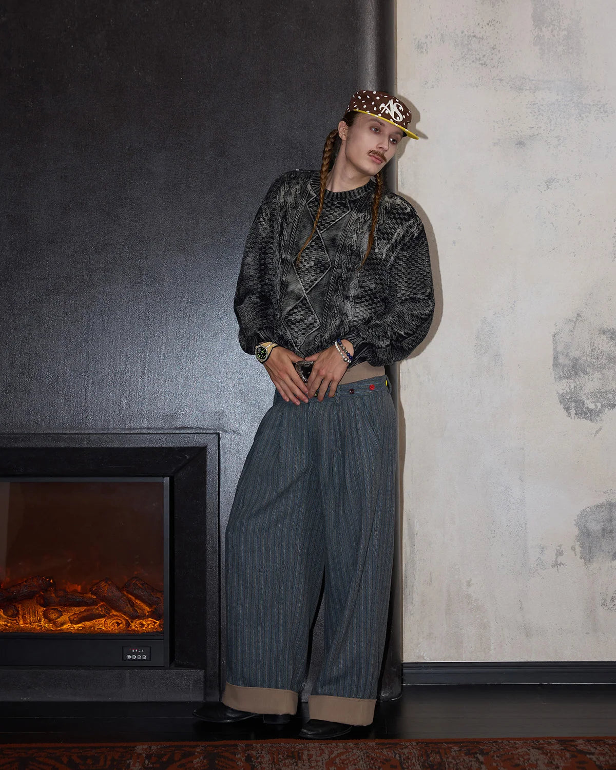 LNM Double-Waistband Striped Wide-Leg Pants Blue