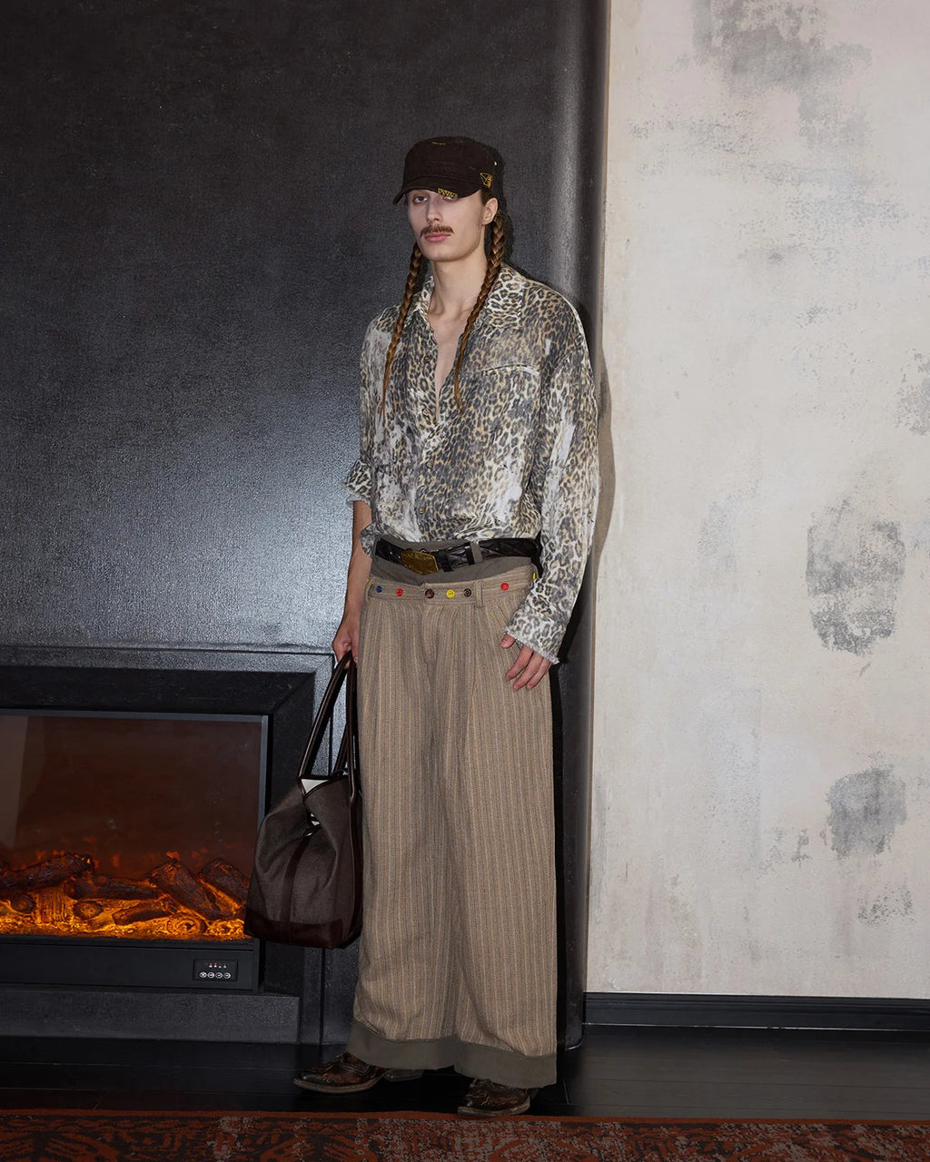 LNM Double-Waistband Striped Wide-Leg Pants Brown