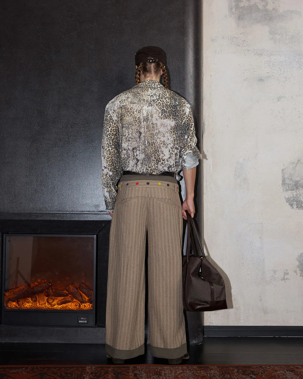 LNM Double-Waistband Striped Wide-Leg Pants Brown