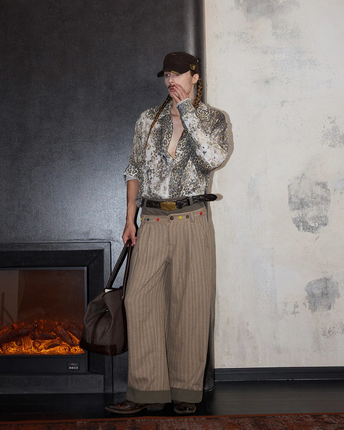 LNM Double-Waistband Striped Wide-Leg Pants Brown