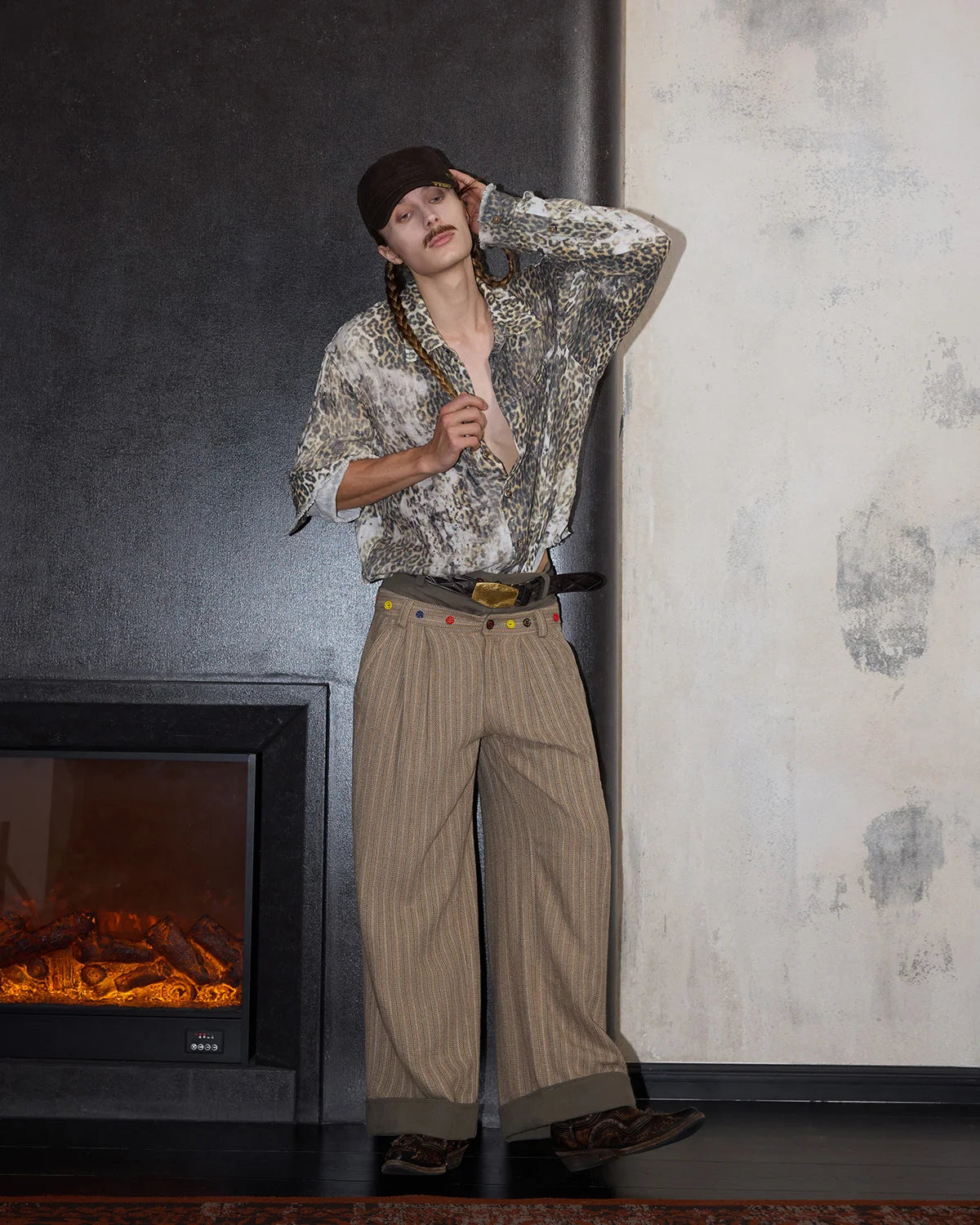 LNM Double-Waistband Striped Wide-Leg Pants Brown