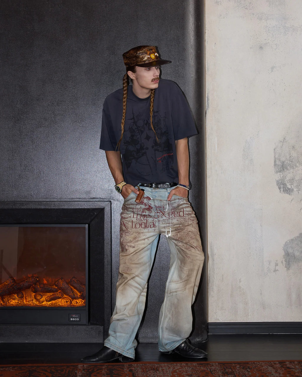 LNM Honeycomb Distressed Print Jeans