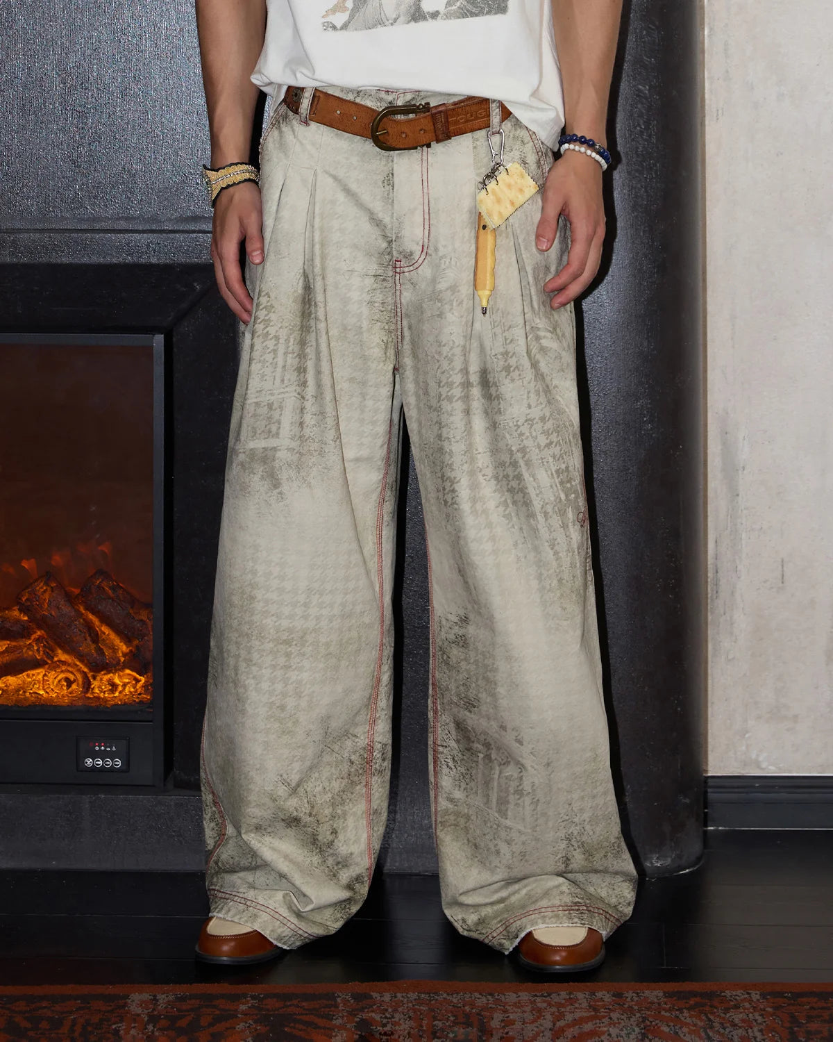 LNM Washed Houndstooth Graphic Cargo Pants