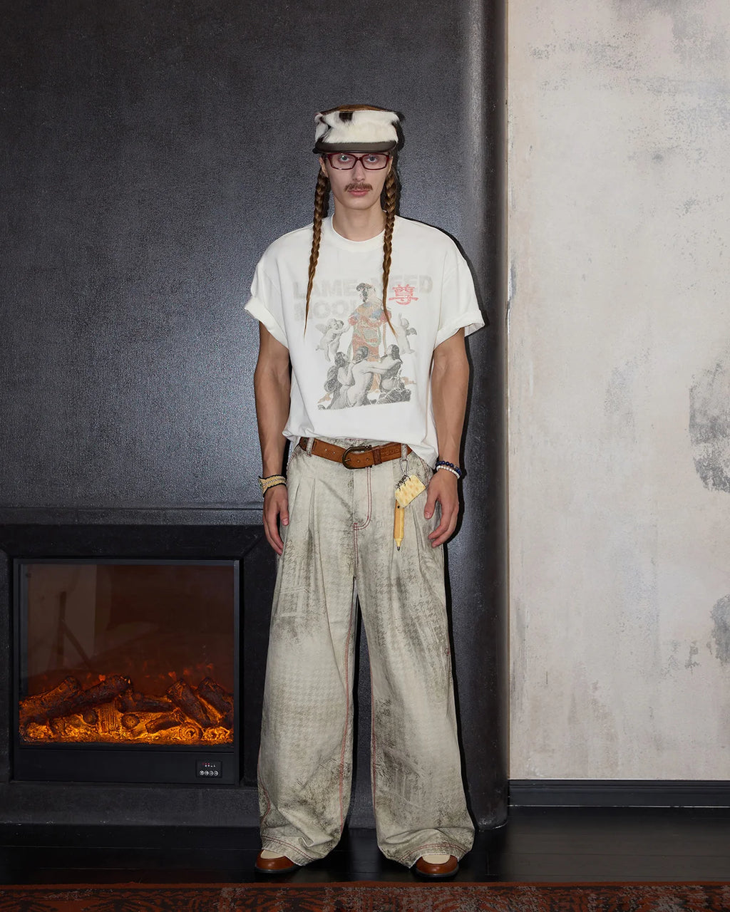 LNM Washed Houndstooth Graphic Cargo Pants