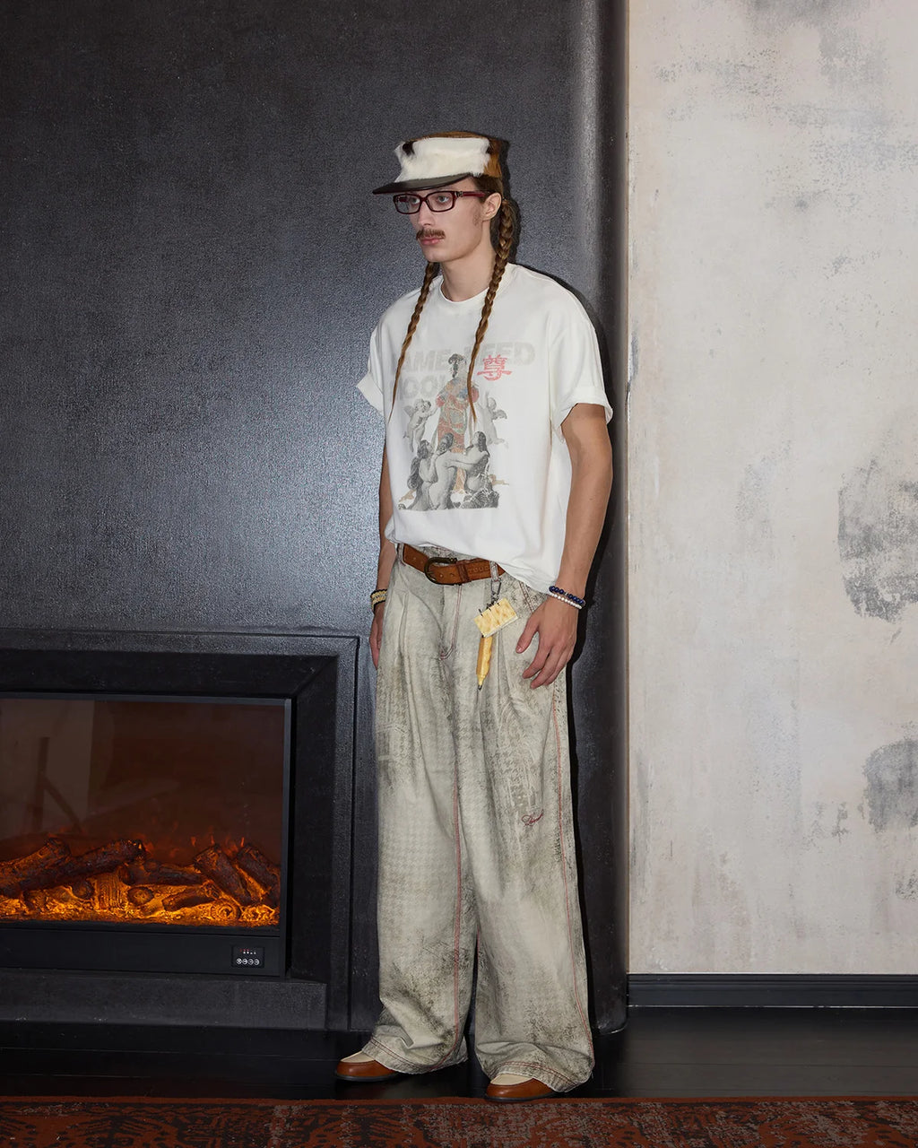 LNM Washed Houndstooth Graphic Cargo Pants