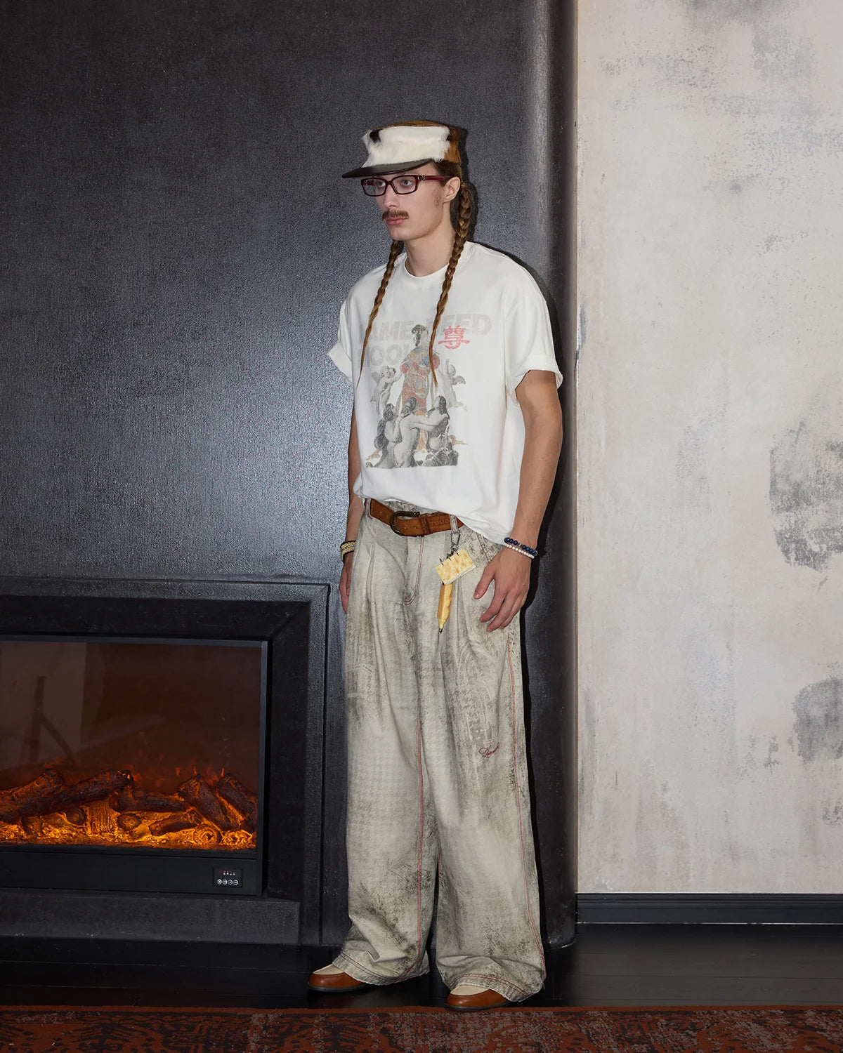 LNM Washed Houndstooth Graphic Cargo Pants
