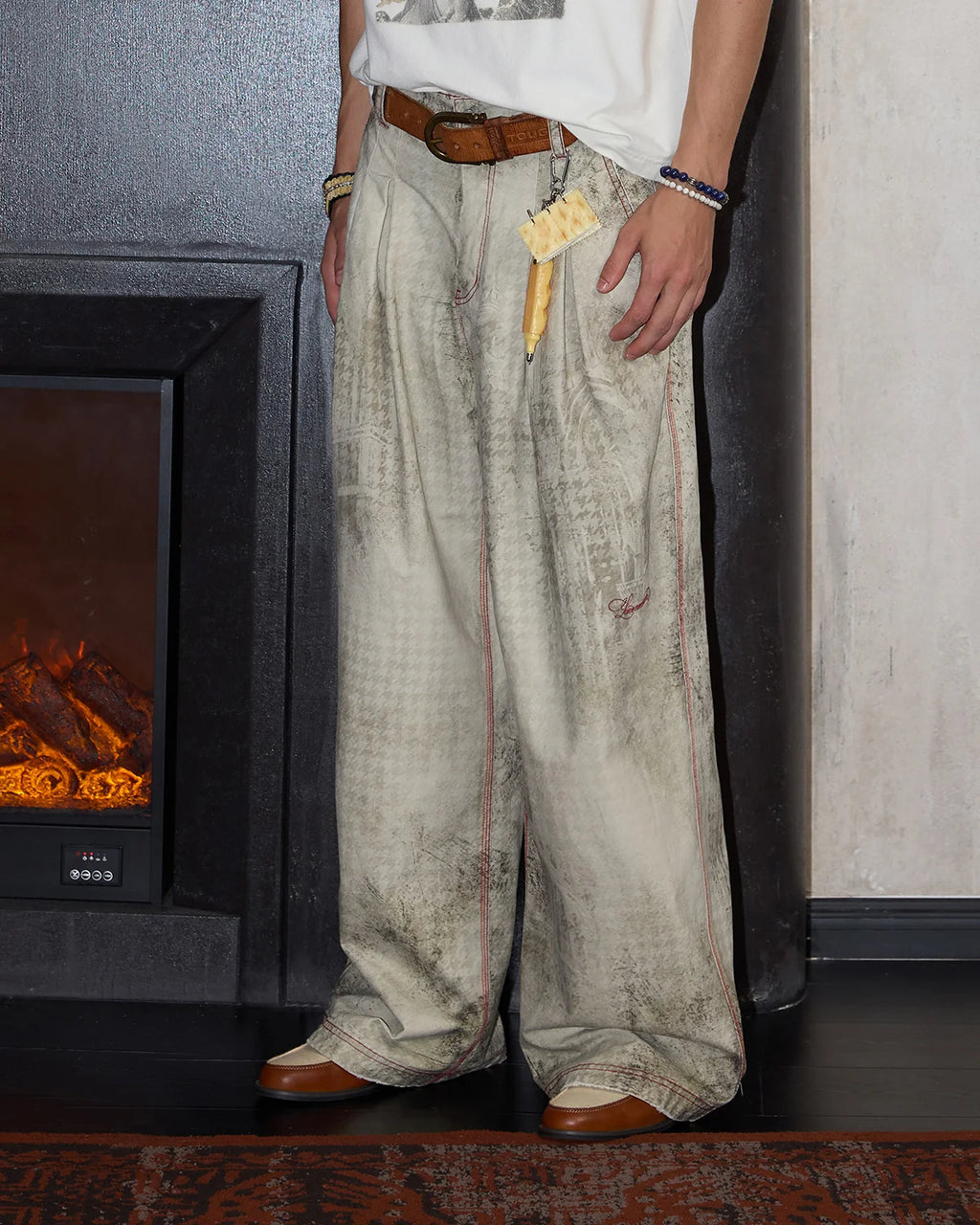 LNM Washed Houndstooth Graphic Cargo Pants