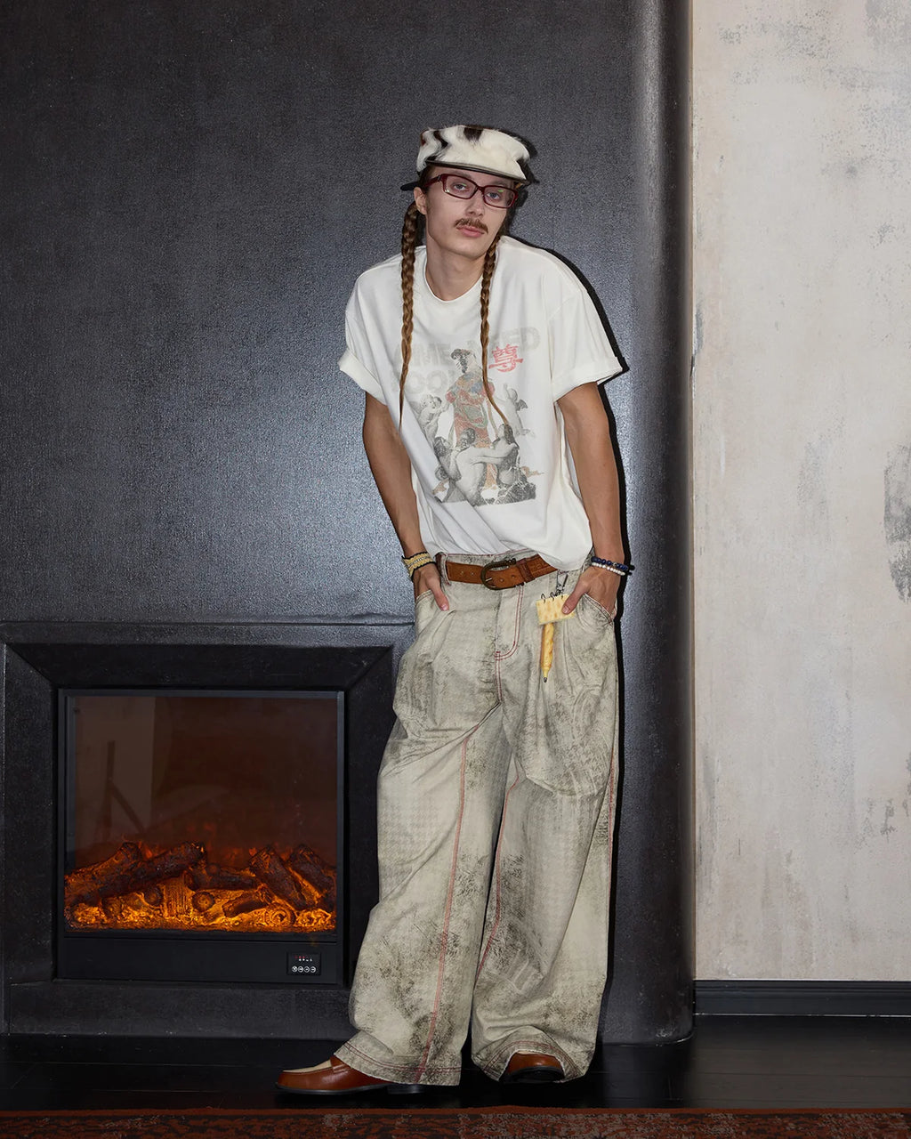 LNM Washed Houndstooth Graphic Cargo Pants