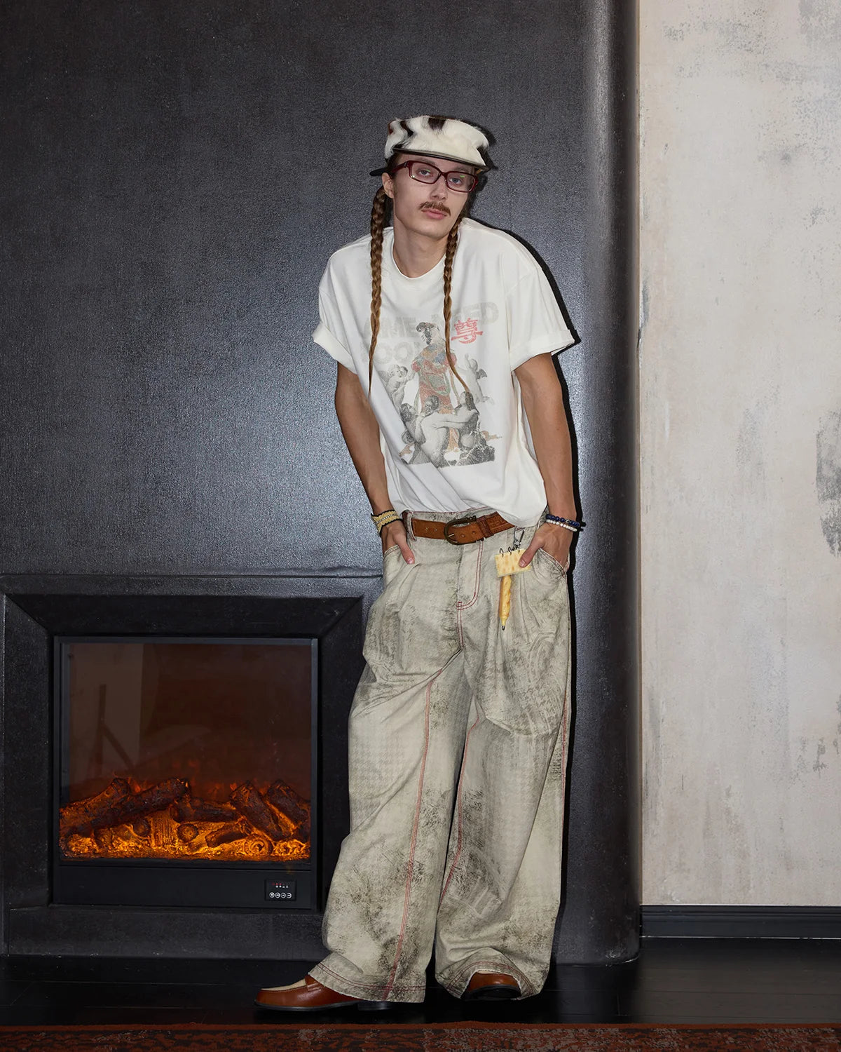 LNM Washed Houndstooth Graphic Cargo Pants