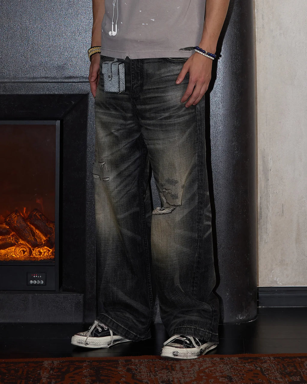 LNM Hand-Whiskered Distressed Black Jeans