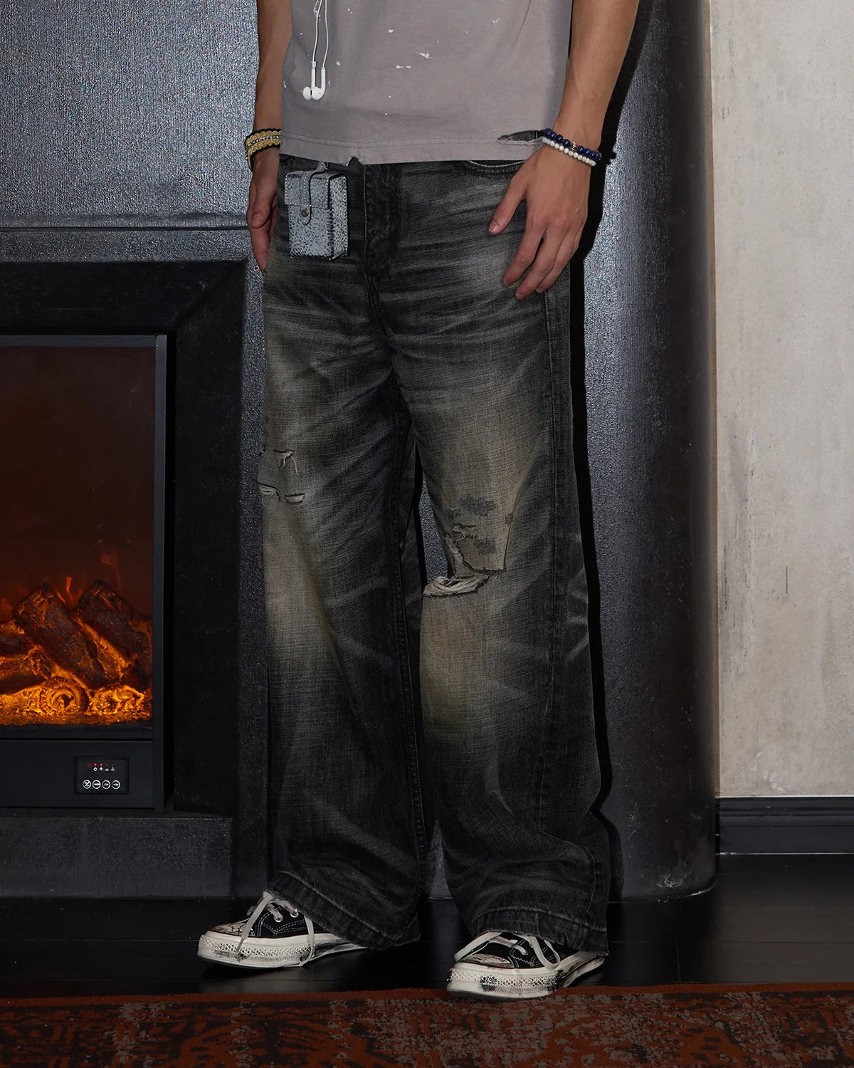 LNM Hand-Whiskered Distressed Black Jeans