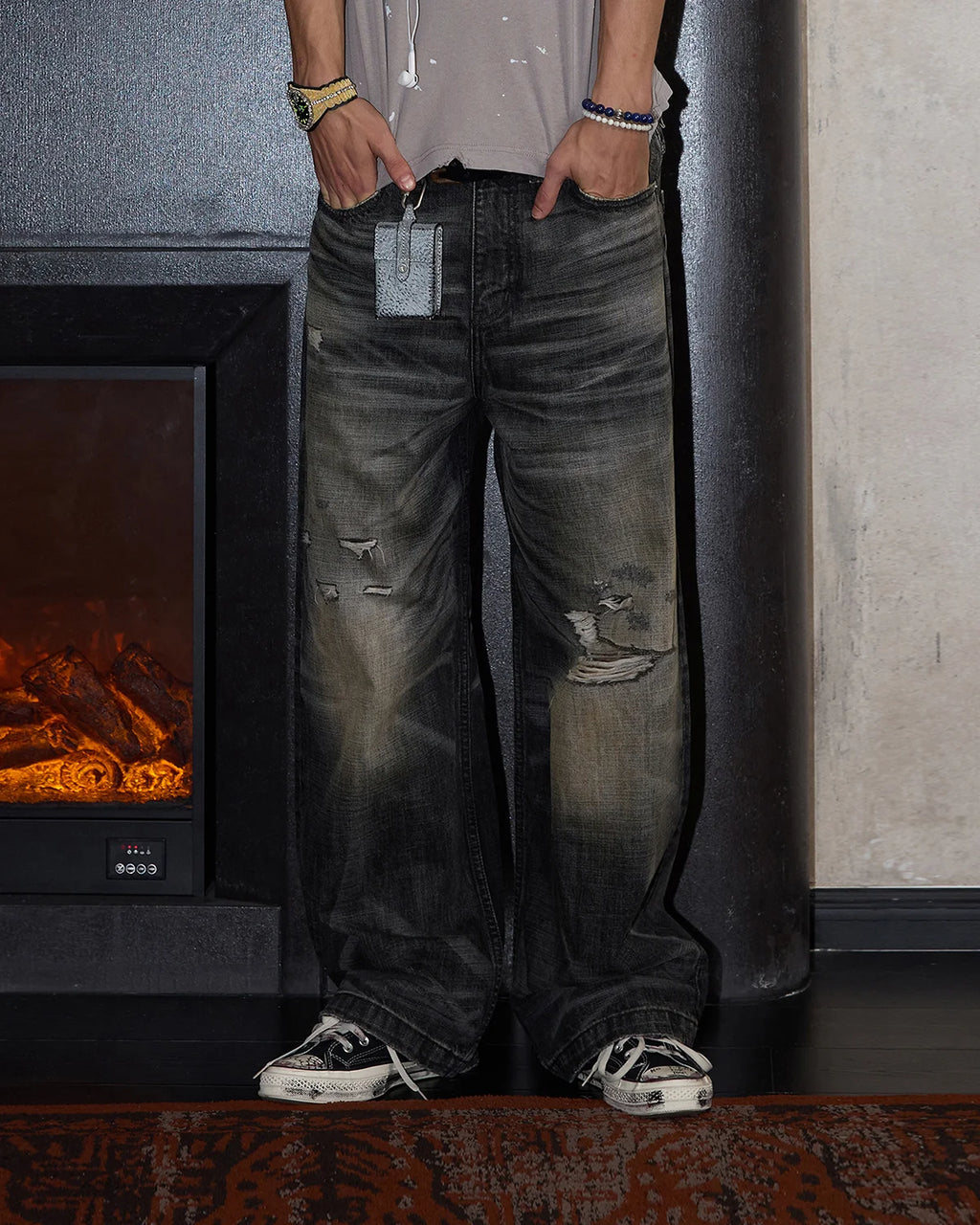 LNM Hand-Whiskered Distressed Black Jeans