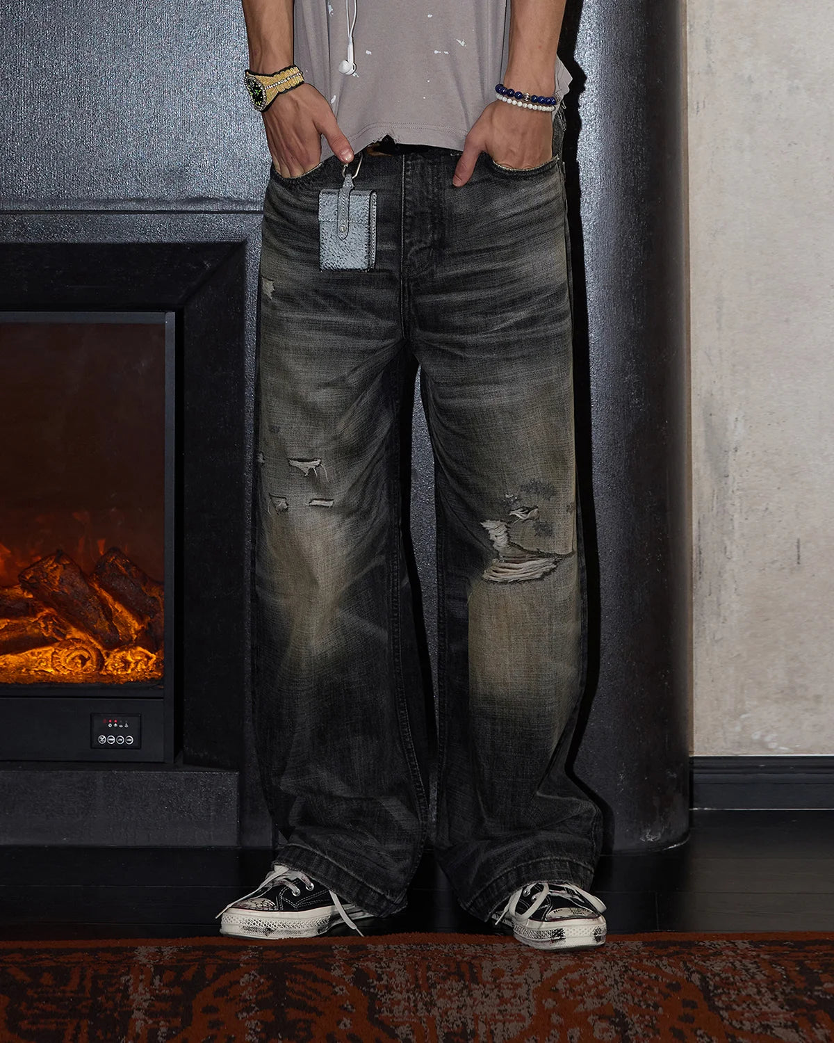 LNM Hand-Whiskered Distressed Black Jeans