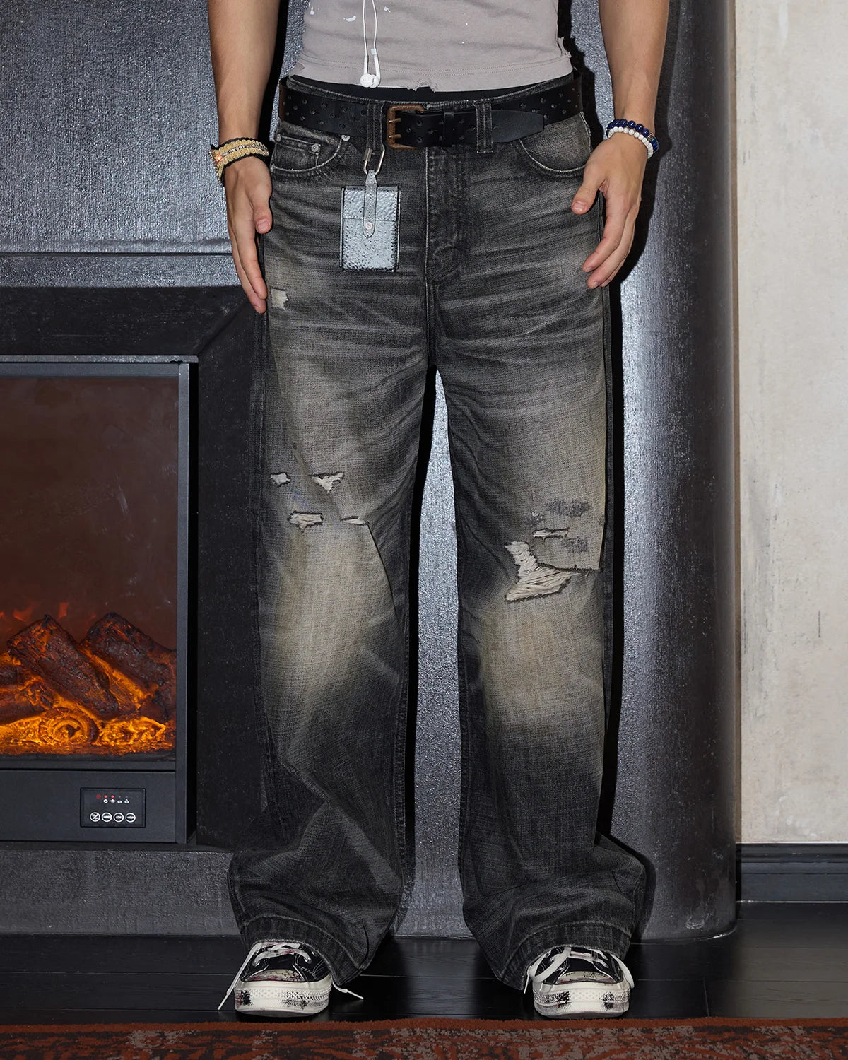 LNM Hand-Whiskered Distressed Black Jeans