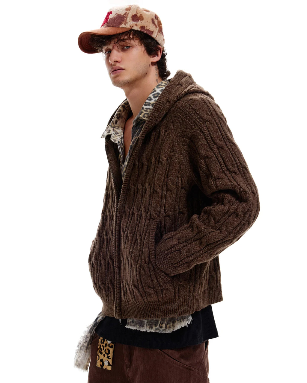 LNM Cable-Knit Wool Hoodie Cardigan