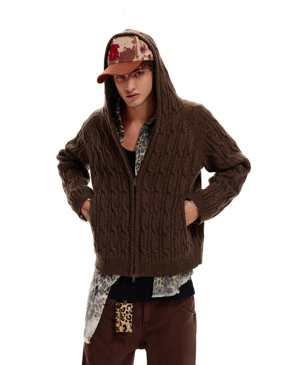 LNM Cable-Knit Wool Hoodie Cardigan