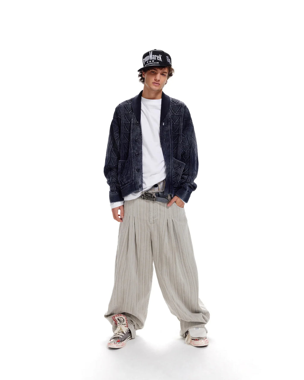 LNM Relaxed-Fit Cable-Knit Navy Cardigan Jacket