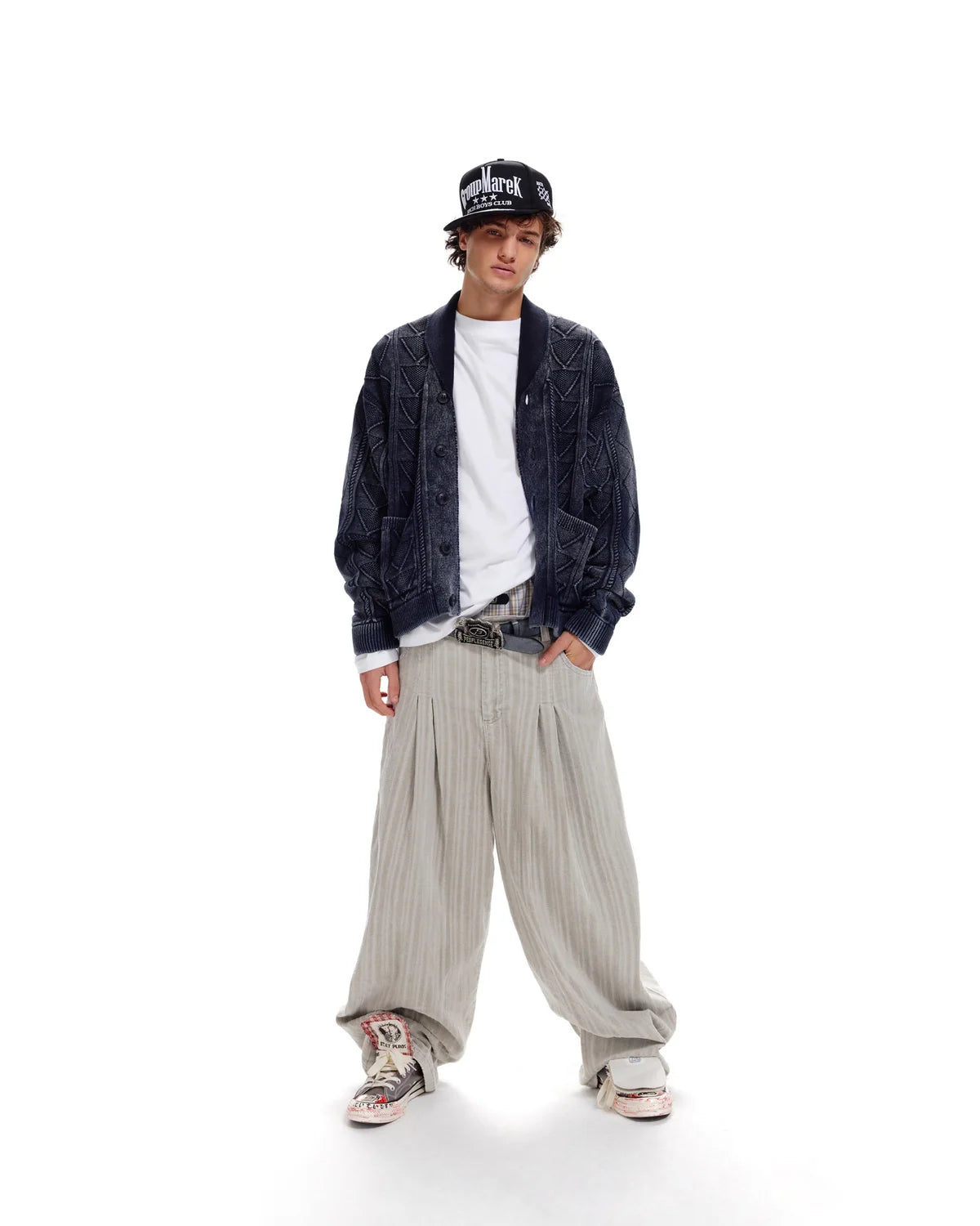 LNM Relaxed-Fit Cable-Knit Navy Cardigan Jacket