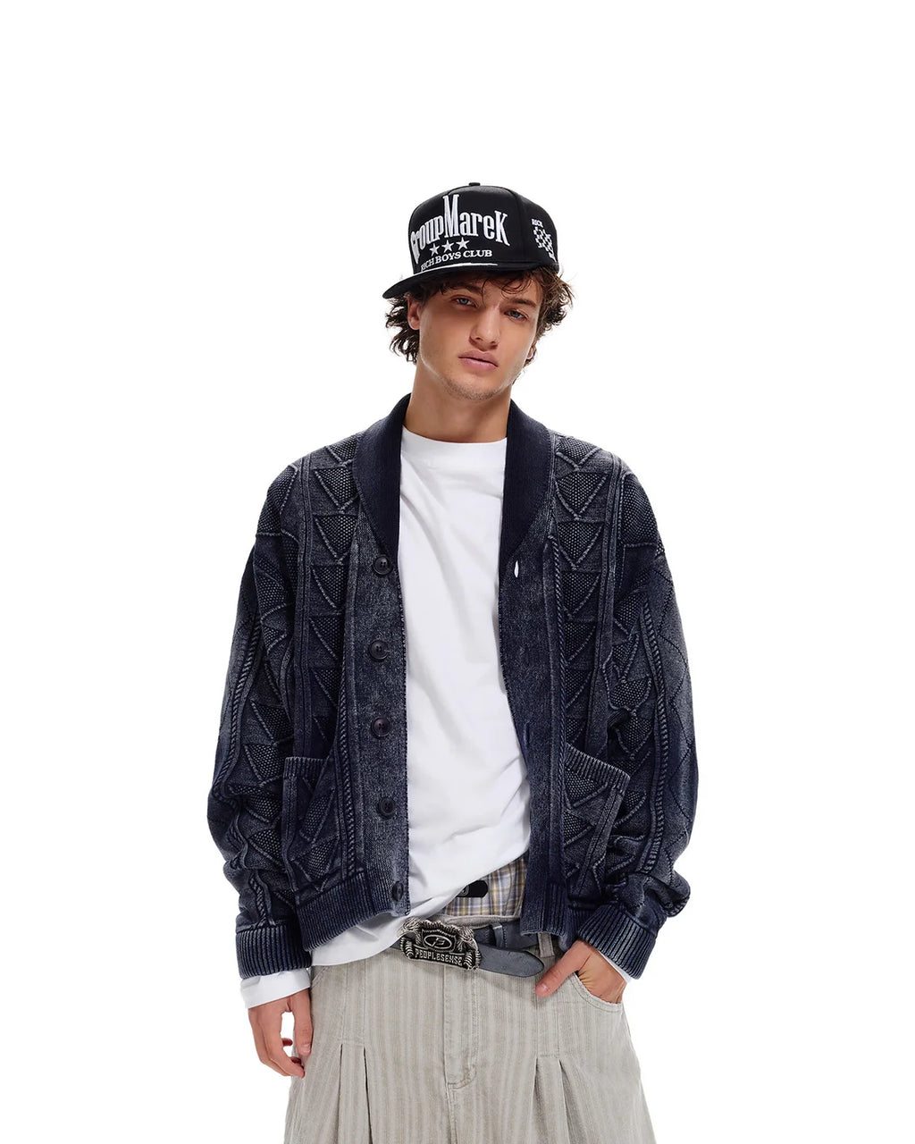 LNM Relaxed-Fit Cable-Knit Navy Cardigan Jacket
