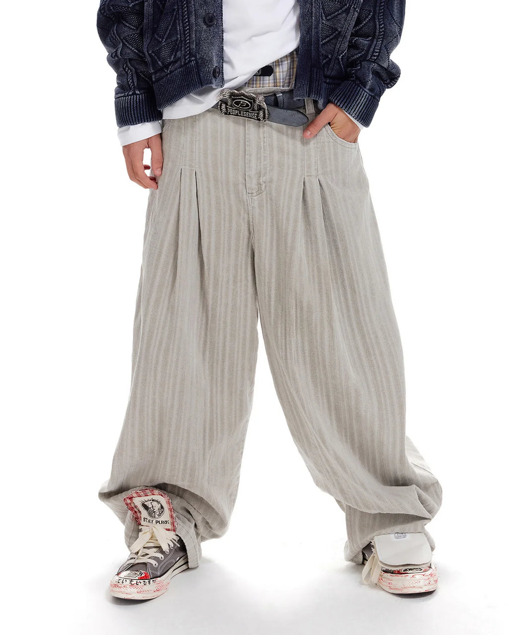 LNM Adjustable Hem Grey-White Striped Pants