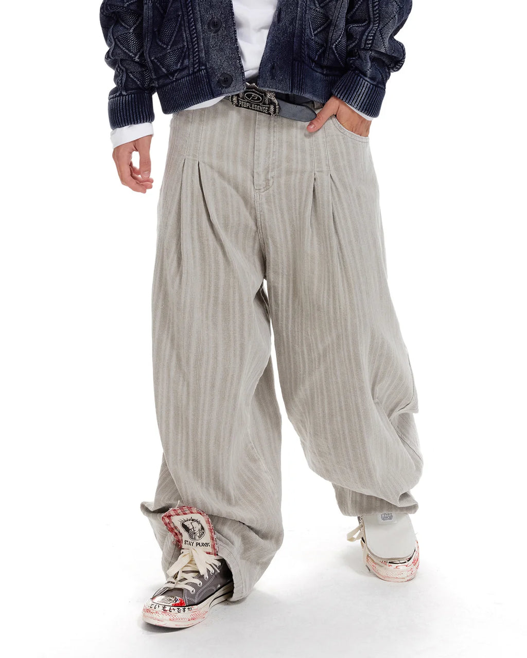 LNM Adjustable Hem Grey-White Striped Pants
