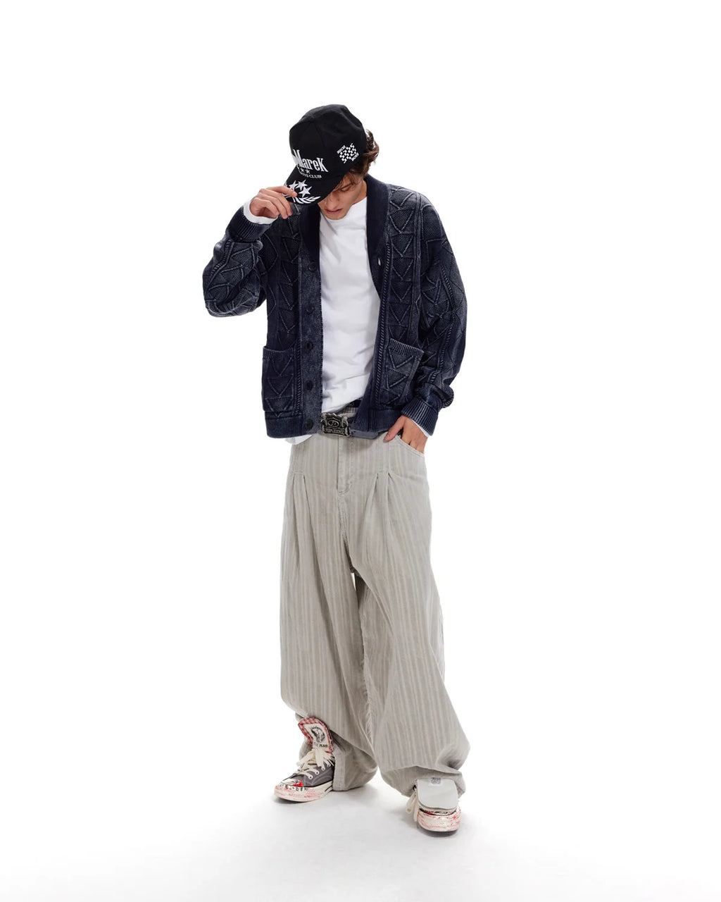 LNM Relaxed-Fit Cable-Knit Navy Cardigan Jacket