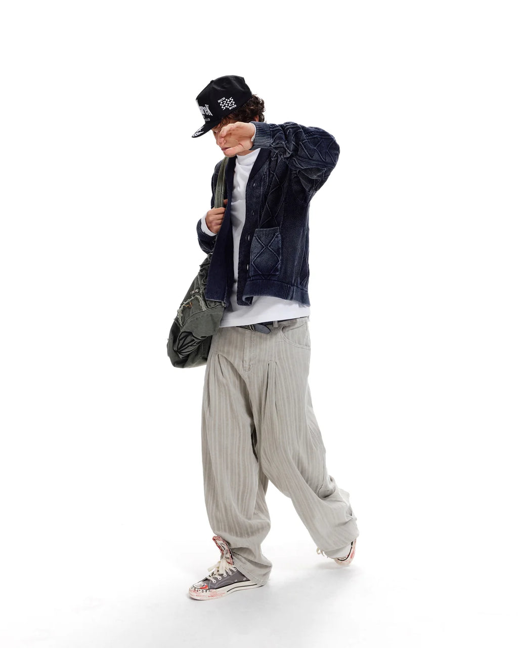 LNM Relaxed-Fit Cable-Knit Navy Cardigan Jacket