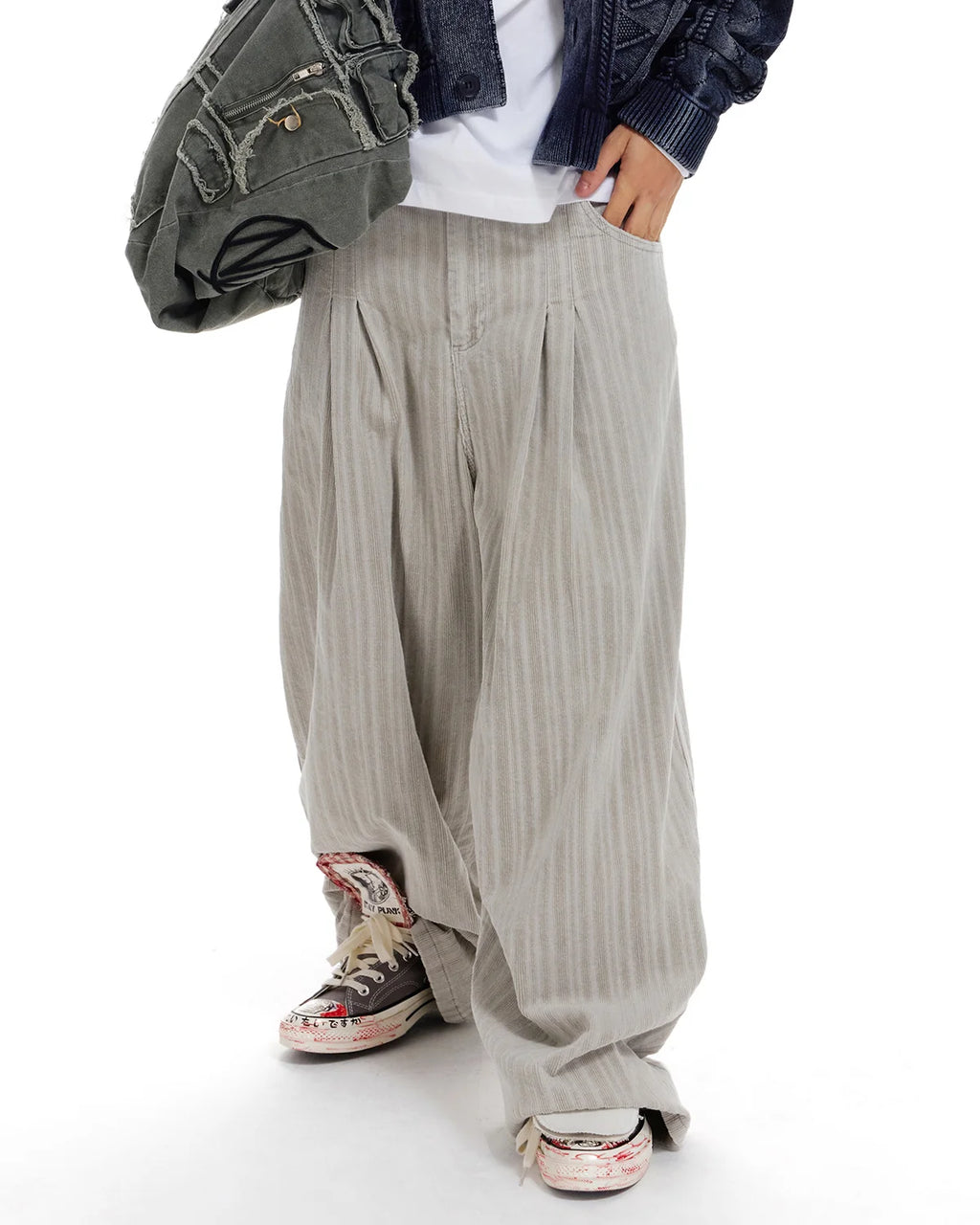 LNM Adjustable Hem Grey-White Striped Pants