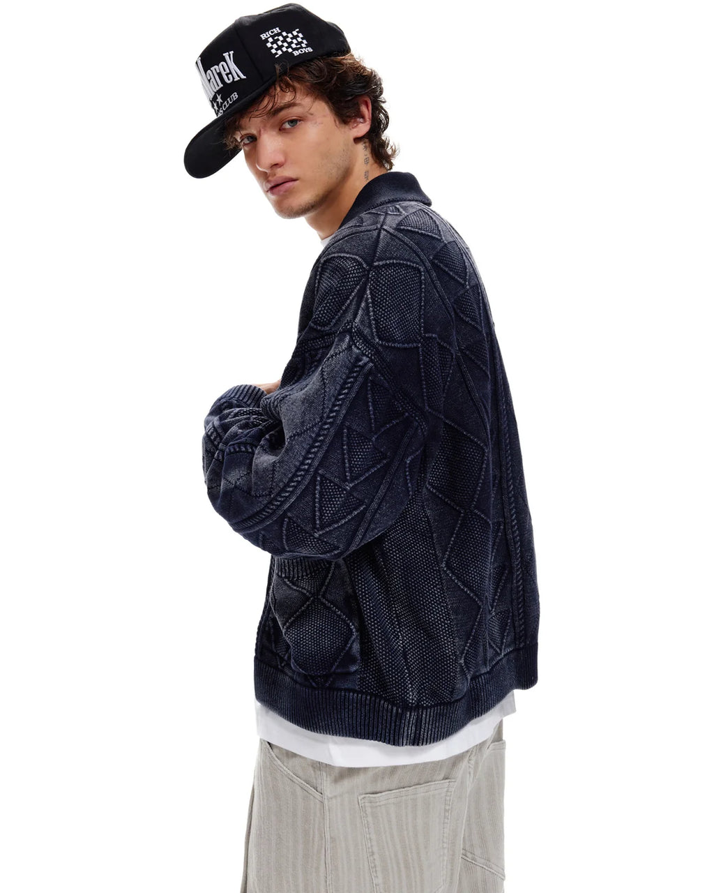 LNM Relaxed-Fit Cable-Knit Navy Cardigan Jacket