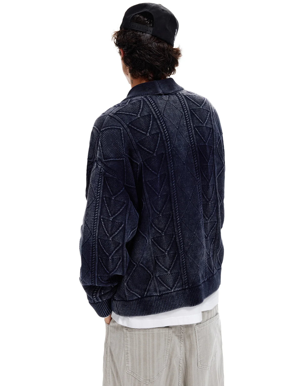 LNM Relaxed-Fit Cable-Knit Navy Cardigan Jacket