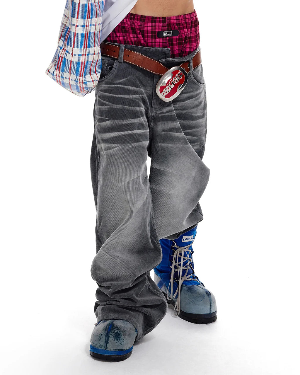 LNM Washed Grey Corduroy Straight-Leg Pants