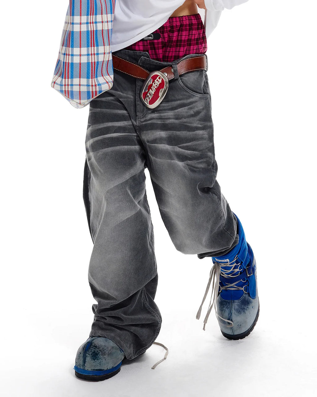 LNM Washed Grey Corduroy Straight-Leg Pants