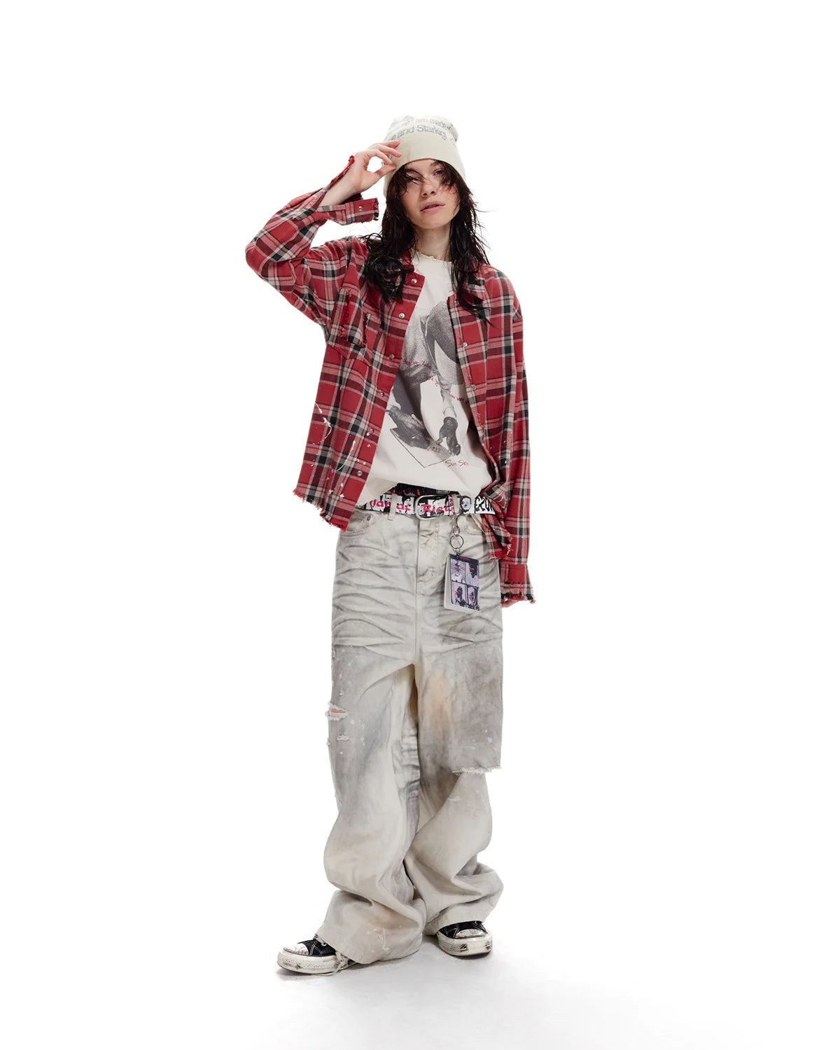 LNM Red & Blue Colorblock Plaid Distressed Shirt