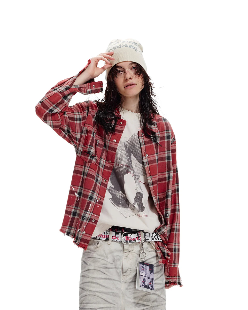 LNM Red & Blue Colorblock Plaid Distressed Shirt
