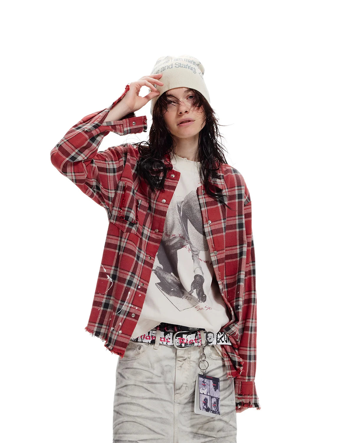 LNM Red & Blue Colorblock Plaid Distressed Shirt