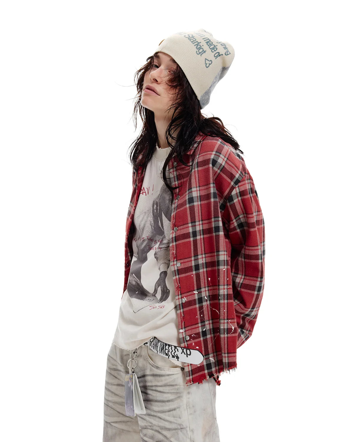 LNM Red & Blue Colorblock Plaid Distressed Shirt