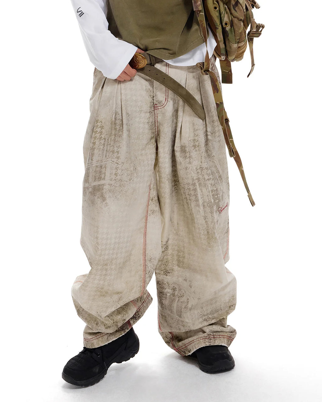 LNM Washed Houndstooth Graphic Cargo Pants