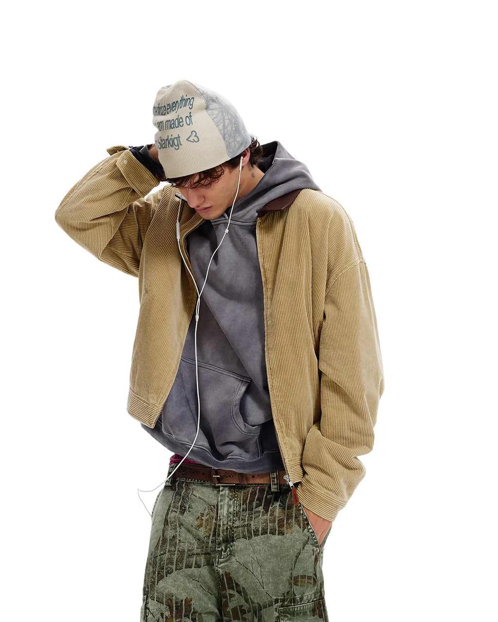 LNM Genuine Leather Collar Corduroy Jacket