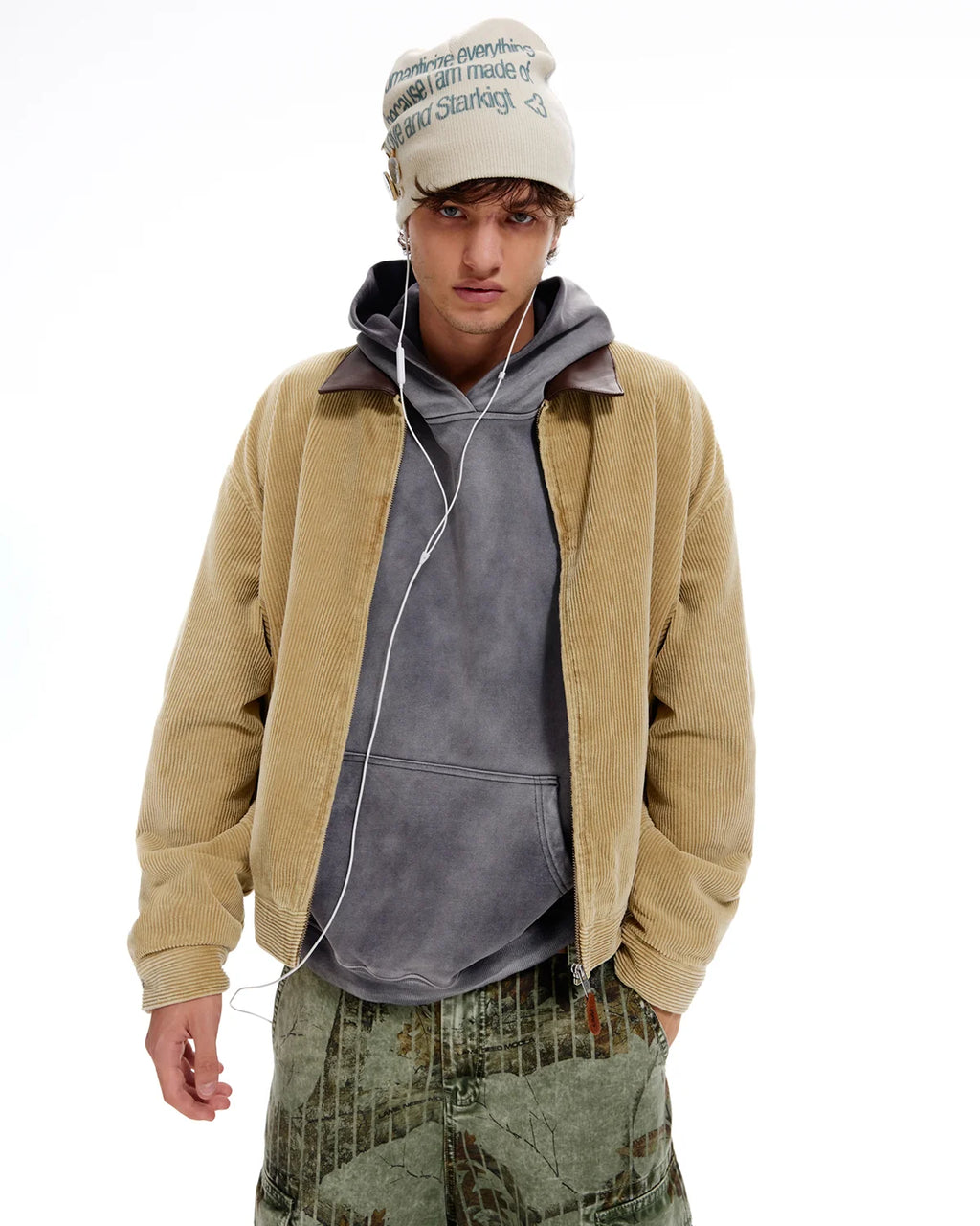 LNM Genuine Leather Collar Corduroy Jacket
