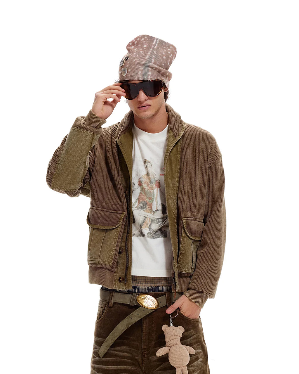 LNM Knit Patchwork Check Zip & Button Cardigan