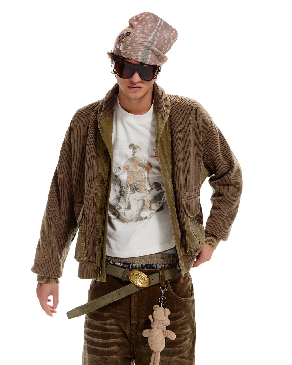 LNM Knit Patchwork Check Zip & Button Cardigan