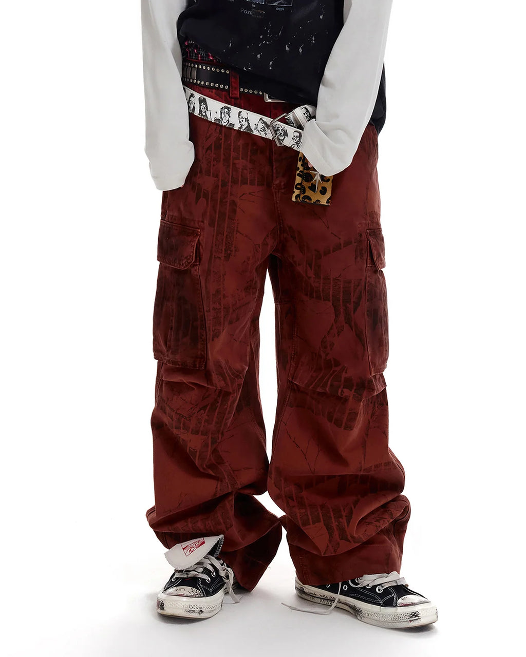 LNM Red Retro Tree Pattern Cargo Pants