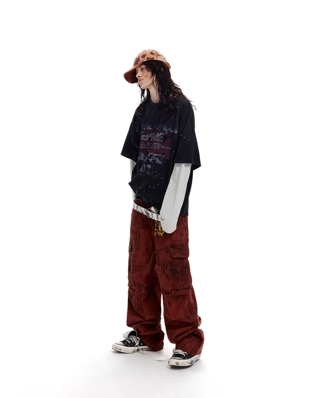 LNM Red Retro Tree Pattern Cargo Pants