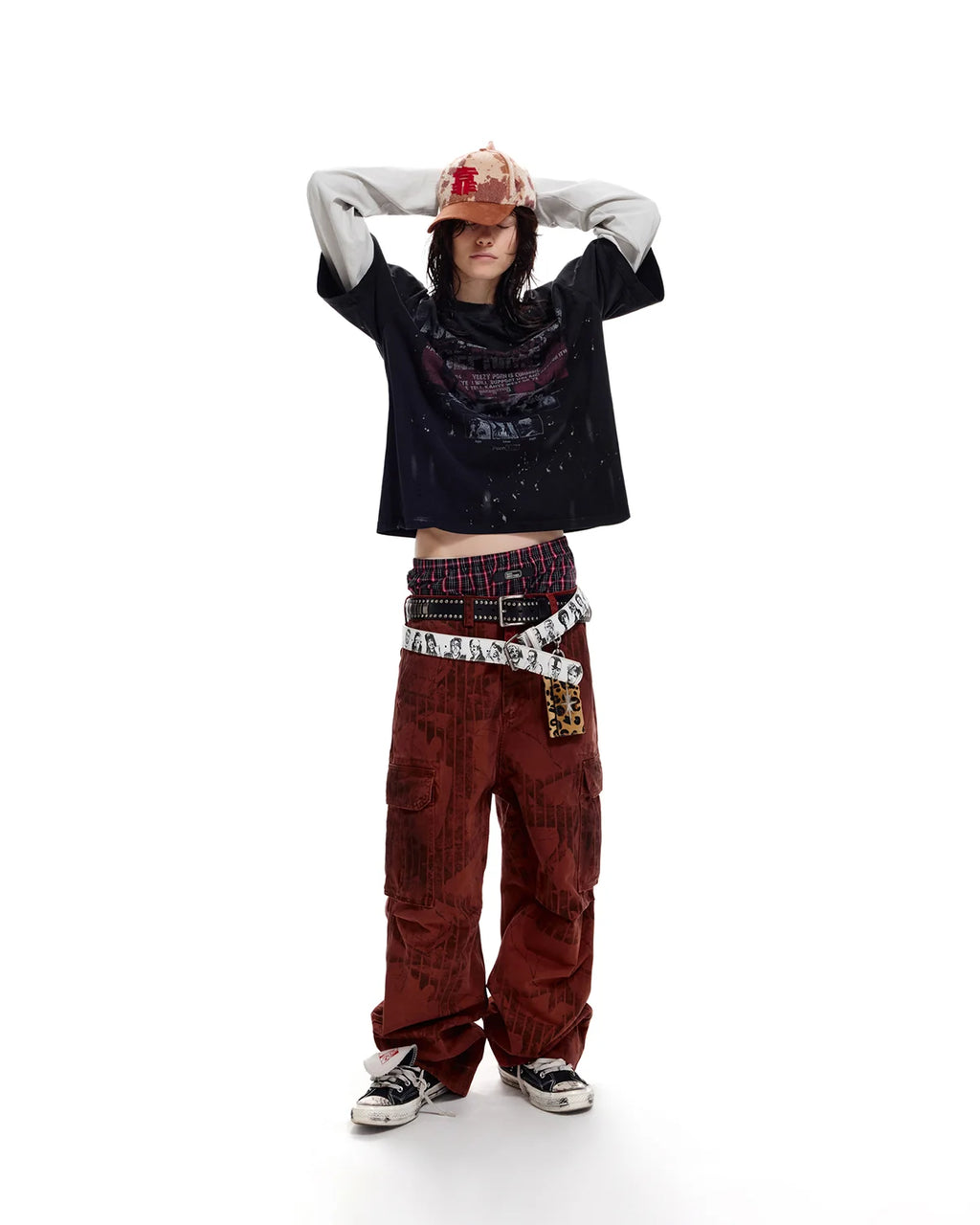 LNM Red Retro Tree Pattern Cargo Pants
