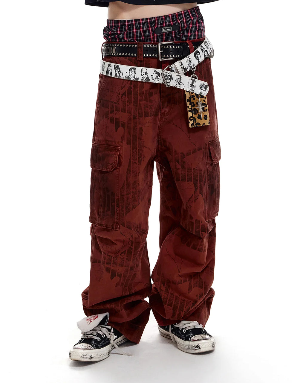 LNM Red Retro Tree Pattern Cargo Pants