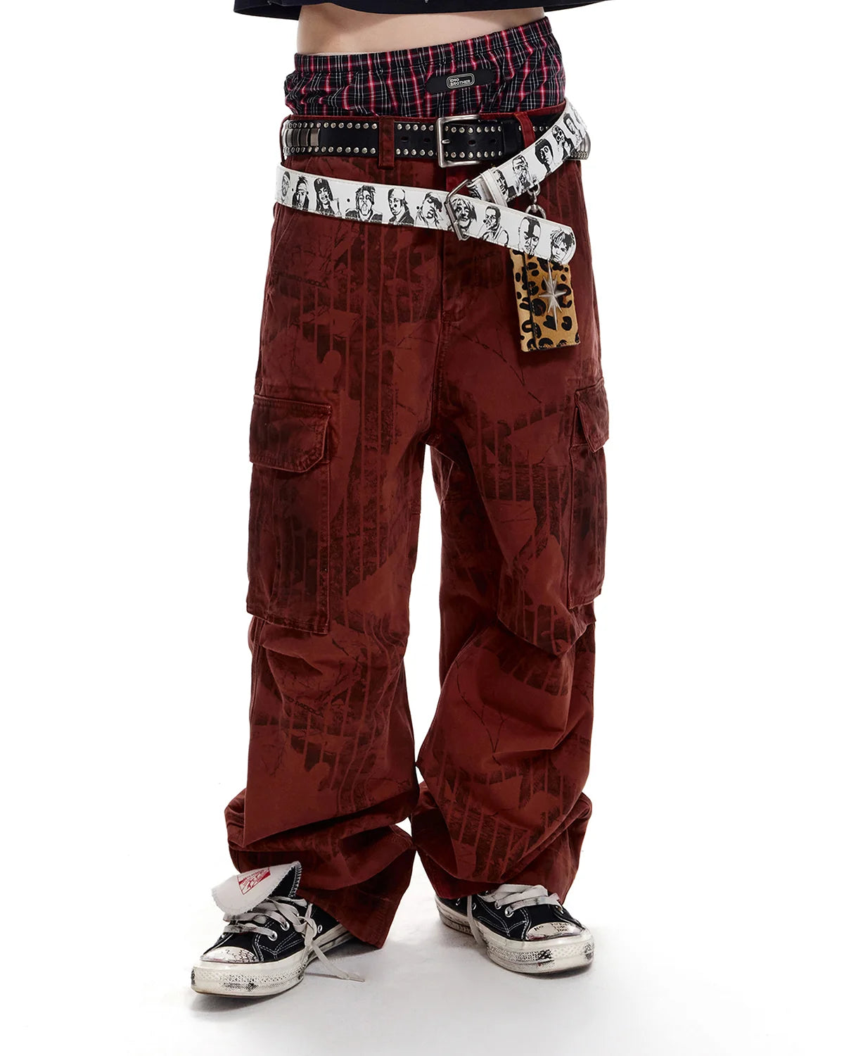 LNM Red Retro Tree Pattern Cargo Pants