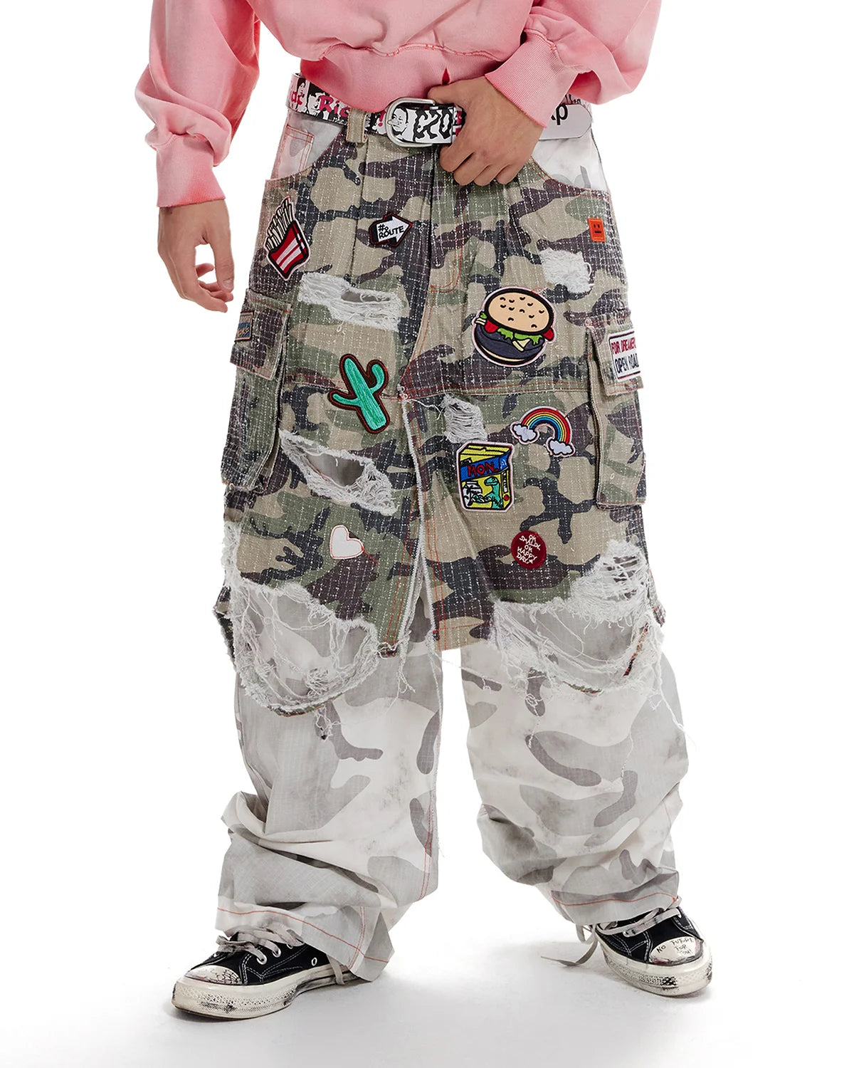 LNM Distressed Camo Patchwork Layered Pants