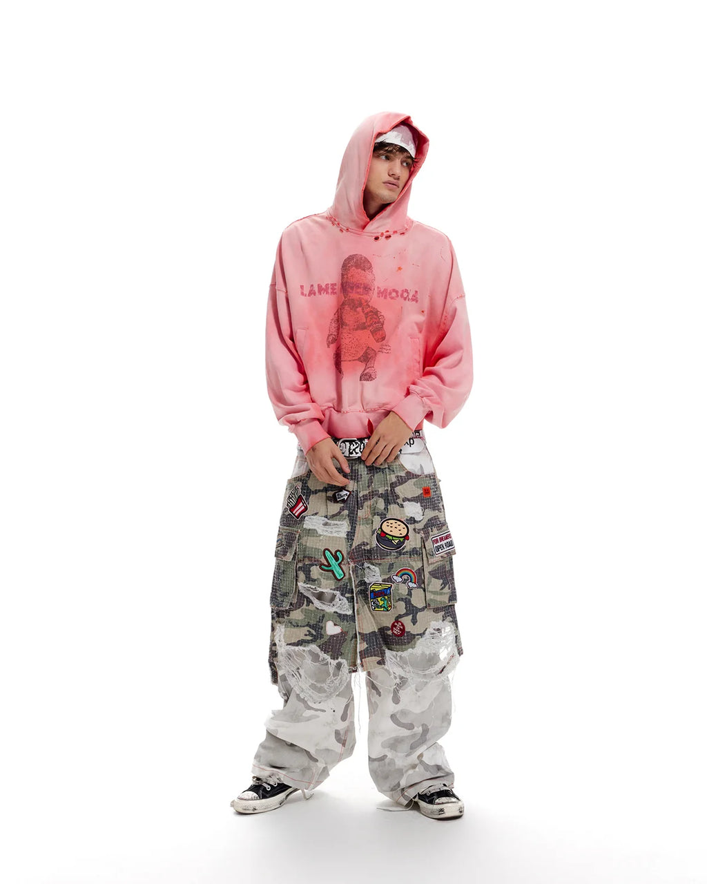LNM Distressed Camo Patchwork Layered Pants