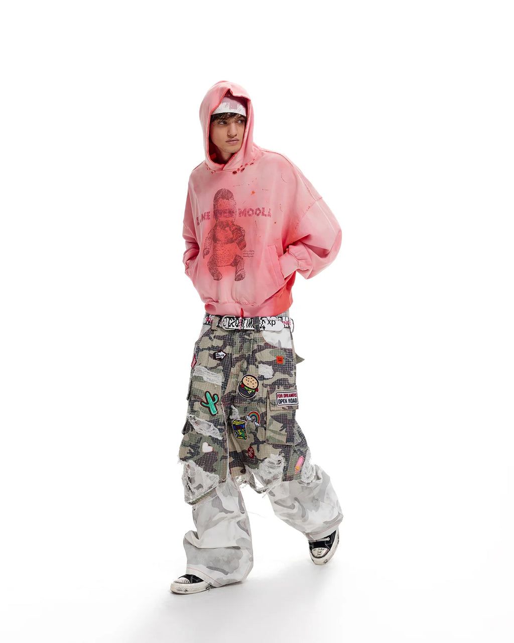 LNM Distressed Camo Patchwork Layered Pants