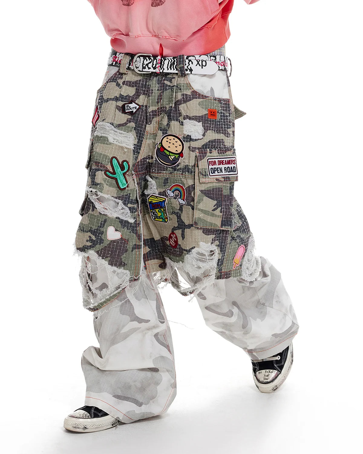 LNM Distressed Camo Patchwork Layered Pants